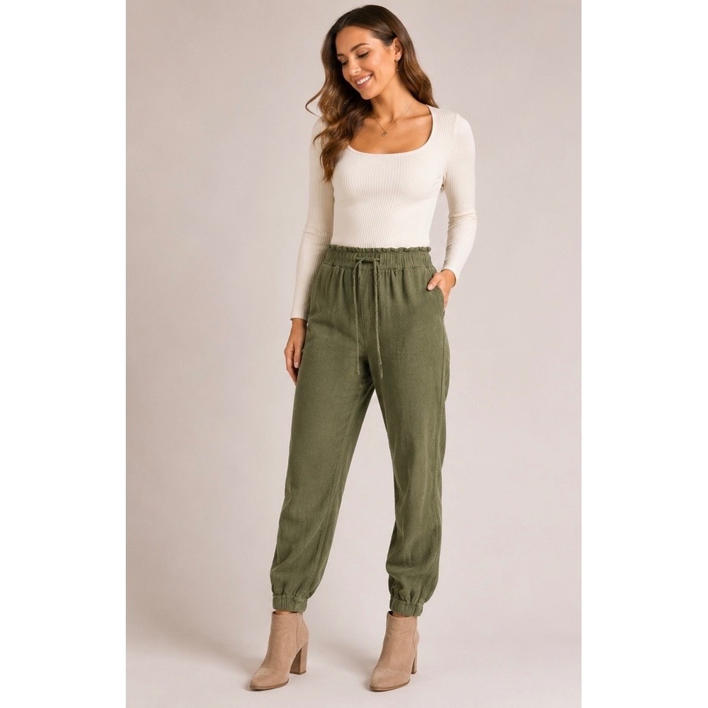 Hollister Olive Green Linen Blend Ultra High Rise Paperbag Jogger Pants Womens M